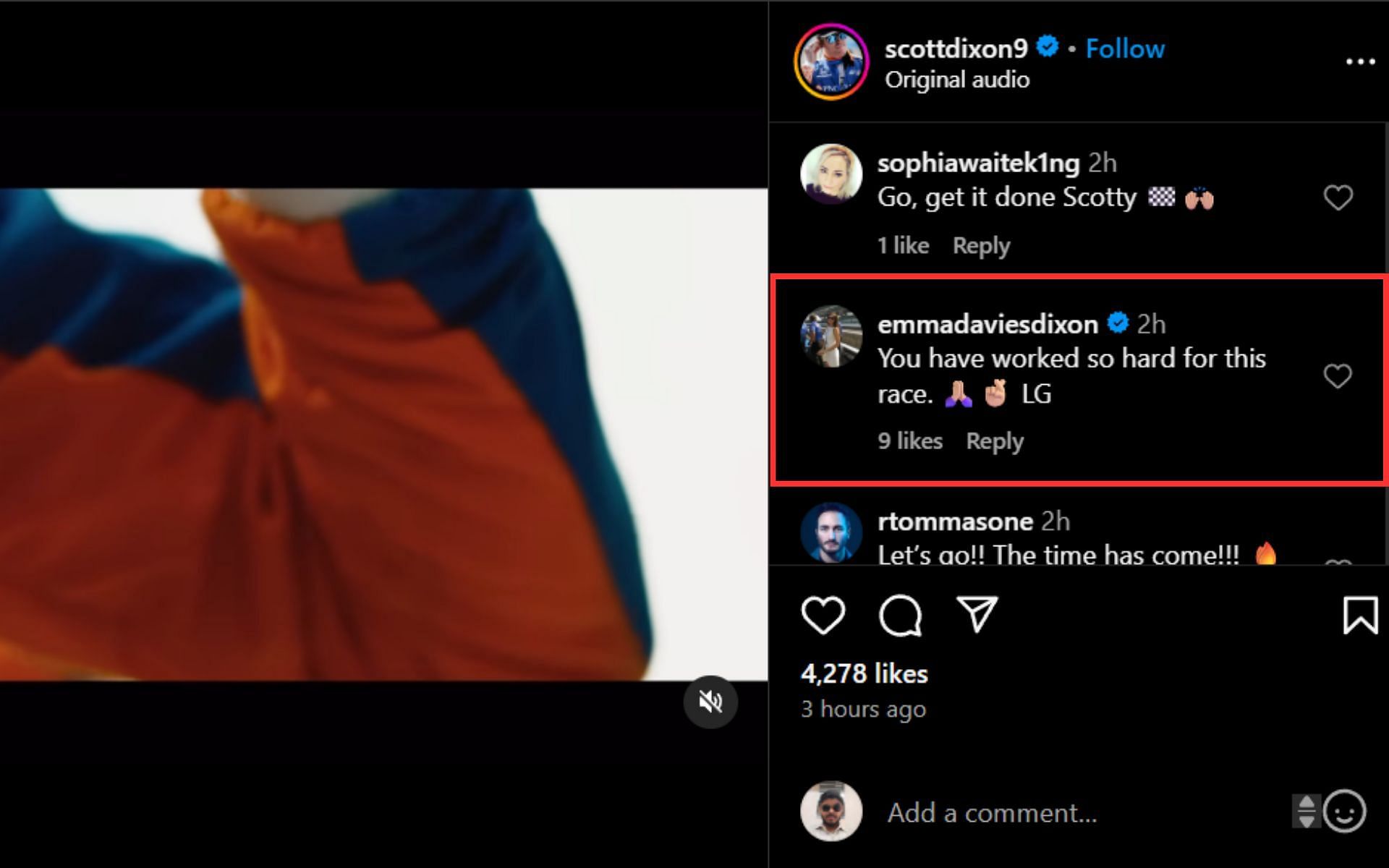 Screengrab of the comments section from Scott Dixon's IG post (@scottdixon9 via Instagram)